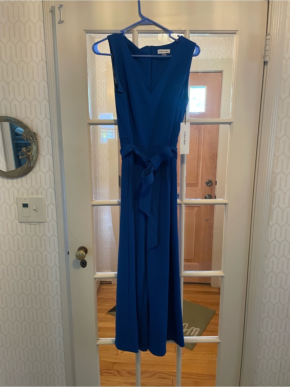 Calvin Klein Women's Cobalt Blue V-Neck Jumpsuit with Waist Tie